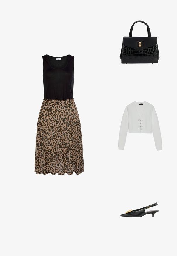 Even&Odd by Zalando Strickjacke - 001 - white; Schwarzes ärmelloses Top mit Leopardenmuster, weicher brauner Rock. Der Rock hat einen gerafften elastischen Bund und einen fließenden Stoff. ; Schwarzer Lederslingback mit niedrigem Kittenabsatz und goldener dekorativer Schnalle an der spitzen Schuhspitze.; Schwarze Handtasche mit einem strukturierten Krokodilmuster im unteren Bereich, glattem oberen Teil, geschwungenen Griffen und einem goldfarbenen Verschluss in der Mitte.