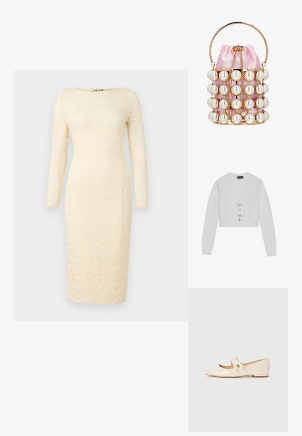 Even&Odd by Zalando Vest - 001 - white; Crèmekleurige kanten jurk met lange mouwen, ronde halslijn en aansluitende silhouet. Heeft een bloemenpatroon en een lengte tot de knie.; Ivory patenten leren ballet flats met twee decoratieve banden en gouden knopen, met een ronde neus en een lage blokhak.; Kleine roze satijnen bucket bag met gouden frame, grote namaakparels, gouden ketting trekkoord en een ronde gouden handgreep.