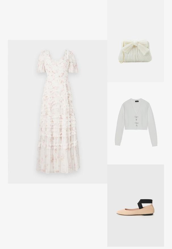 Even&Odd by Zalando Ζακέτα - 001 - white; Λευκό μάξι φόρεμα με βολάν και λουλουδάτο μοτίβο, τετράγωνο ντεκολτέ, κοντά φουσκωτά μανίκια και στρωματοποιημένη υφή. Ελαφρύ, θηλυκό σχέδιο.; Μπεζ δερμάτινα μπαλαρίνα με μυτερή μύτη και μαύρη λουρίδα γύρω από τον αστράγαλο, με λείο υφή και μίνιμαλ σχέδιο.; Λευκή πλισέ τσάντα clutch με έντονη λεπτομέρεια σε φιόγκο και χρυσή αλυσίδα. Μαλακή υφή με συγκεντρωμένο σχέδιο στο μπροστινό μέρος.