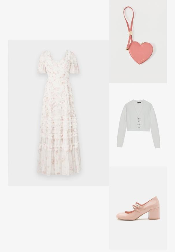 Even&Odd by Zalando Ζακέτα - 001 - white; Λευκό μάξι φόρεμα με βολάν και λουλουδάτο μοτίβο, τετράγωνο ντεκολτέ, κοντά φουσκωτά μανίκια και στρωματοποιημένη υφή. Ελαφρύ, θηλυκό σχέδιο.; Ροζ παλτό δερμάτινα ψηλοτάκουνα παπούτσια με στρογγυλή μύτη, δύο ρυθμιζόμενες λουρίδες με πόρπες και χοντρό, διαφανές μπαλώμα.; Ροζ δερμάτινο πουγκί για κέρματα σε σχήμα καρδιάς με λουράκι για τον καρπό και χρυστό φερμουάρ, με μικρό χρυσό λογότυπο «Furla».