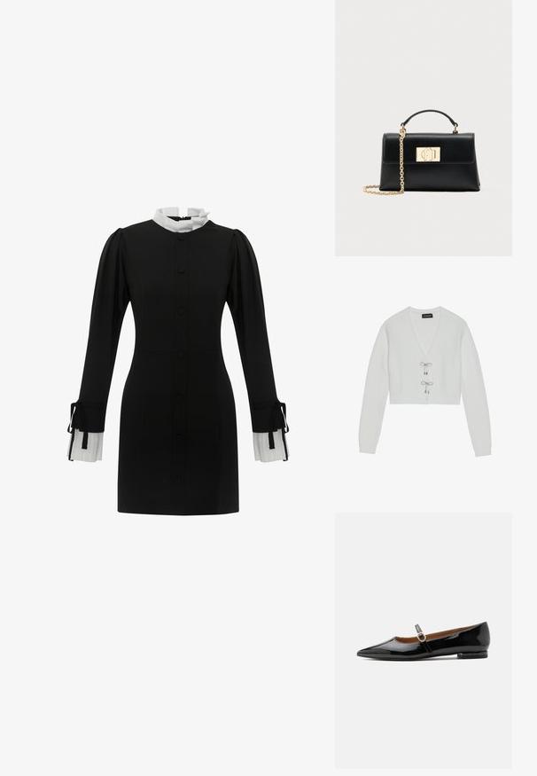 Even&Odd by Zalando Cardigan - 001 - white; Sort kjole med høj hvid krave, knappelukning foran og lange ærmer med plisserede hvide manchetter med snore. Glat stoftekstur.; Sort laklæder-flad sko med spids tå og tynd Mary Jane-rem med lille gyldent spænde.; Sort læderhåndtaske med struktureret form, udstyret med en øverste hank og en guldtonet kæderem. Dekorative guldhardware med logodetalje.