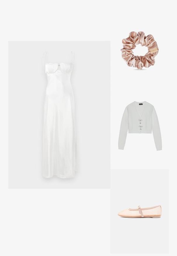 Even&Odd by Zalando Gilet - 001 - white; Robe maxi en satin blanc avec un bustier ajusté, décolleté en cœur doux, bretelles fines réglables et une fente sur le côté. Texture lisse et brillante.; Chaussure plate beige clair avec un bout pointu et une bride latérale avec boucle, présentée sur un fond blanc uni.; Chouchou en satin rose clair avec une petite étiquette beige sur fond blanc, montrant un tissu lisse et brillant avec une texture froncée.