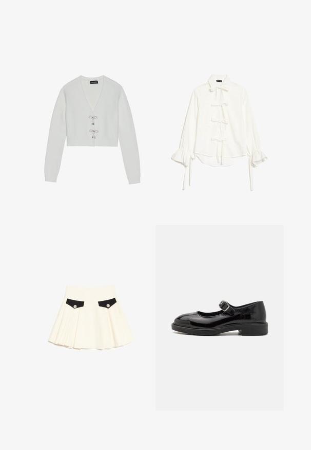 Even&Odd Strickjacke - 001 - white; Weiße Bluse mit langen, gerafften Ärmeln und fünf vorne gebundenen Schleifen, mit klassischem Kragen und leichtem High-Low-Saum.; Cremefarbener Faltenrock mit schwarzen vorderen Taschenklappen, die jeweils mit einem einzelnen dekorativen silbernen Knopf gesichert sind.; Schwarzer Lackleder-Mary-Jane-Schuh mit runder Zehenform, verstellbarem Schnallenriemen, niedrigem Blockabsatz und glatter, glänzender Oberfläche.
