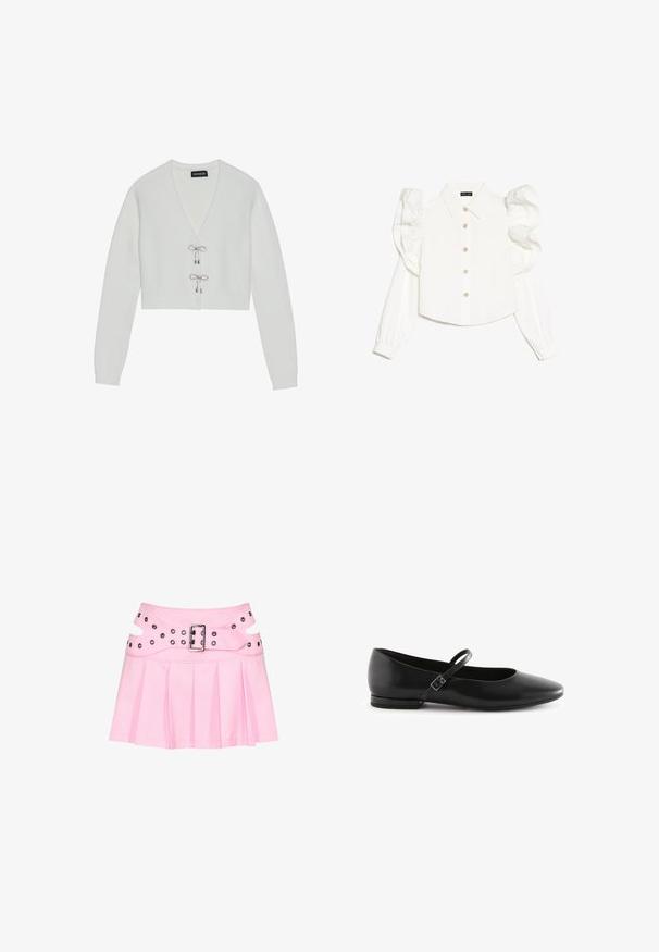 Even&Odd Cardigan - 001 - white; Hvid langærmet bluse med puffede ærmer, klassisk krave, knaplukning foran og diskrete blomsterknapdetaljer. Glat stoftekstur.; Pink plisseret mini nederdel med bred dobbeltlagret linning, sølvspænde og flere nitter til fastgørelse og dekoration.; Sorte læder balletflade med spids tå, flad sål og en enkelt ankelrem med en rektangulær spænde. Glat tekstur hele vejen igennem.