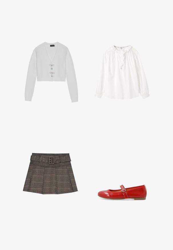 Even&Odd Cardigan - 001 - white; Hvid bluse med lange ærmer med flæsekrave og frontstykke, samlet manchet og løs pasform.; Rutet mini nederdel i sort, brun og beige. Har en bælteforstærket talje, plisseringer og et struktureret stof med et geometrisk mønster.; Røde lakerede flade sko med rund tå, en dekorativ rem med en cirkulær spænde og en glat, blank overflade.