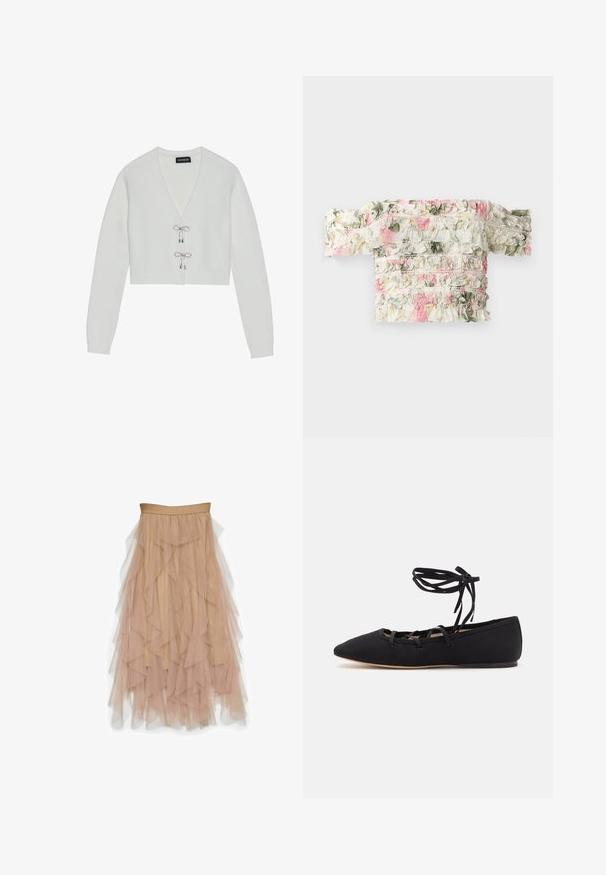 Even&Odd Cardigan - 001 - white; Blomsterbluse med bare skulder i hvid med rosa og grønne flæser. Har slightly elastisk stof for et tætsiddende look.; Vero Moda VMEVE High waist Long - Maxinederdele - light taupe; Loeffler Randall LOUISA LACE UP BALLET FLAT - Ballerinasko m/ rem - black