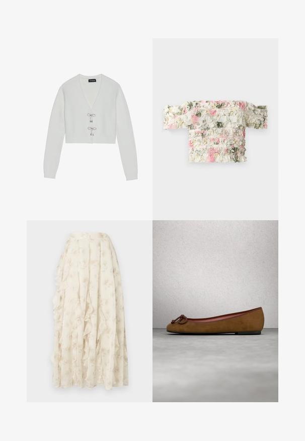 Even&Odd Cardigan - 001 - white; Blomsterbluse med bare skulder i hvid med rosa og grønne flæser. Har slightly elastisk stof for et tætsiddende look.; Lang cremefarvet nederdel med diskret blomsterprint og faldende flæsedetaljer, lavet af let, gennemsigtigt stof.; Brune ruskinds ballerina med afrundet tå, med en knyttet detalje på fronten, tynd rød kant og en flad sort sål.