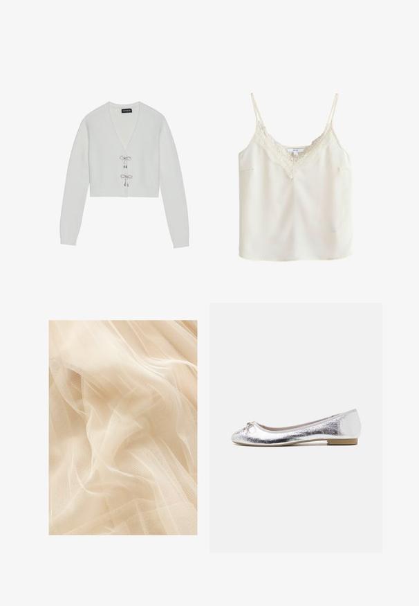 Even&Odd by Zalando Gilet - 001 - white; Caraco sans manches couleur crème avec fines bretelles et bordure en dentelle le long du décolleté en V, présenté sur un fond uni.; Tissu en tulle beige clair avec une texture douce et transparente, présentant un tissage en maille fine qui crée de douces vagues et plis.; Ballerines argentées avec une finition métallique, bout arrondi, accent de nœud à l'avant et un petit talon pour plus de confort.
