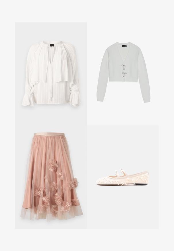 Even&Odd by Zalando Gilet - 001 - white; Blouse blanche avec un design plissé, en V, et un devant superposé. Présente des manches longues bouffantes avec des poignets froncés et un détail de lien à pompon.; Jupe en tulle rose pâle avec une ceinture en satin. Comprend plusieurs couches de tissu transparent et des appliqués floraux en trois dimensions sur toute la surface.; Chaussure plate de couleur crème avec deux brides, ornée de petits nœuds, et une semelle noire sur un fond blanc uni.