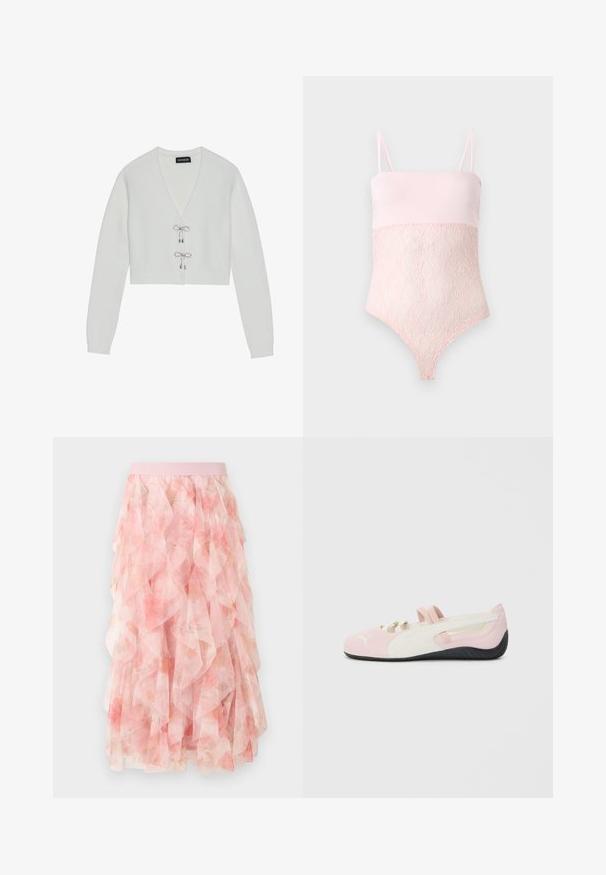 Even&Odd Cardigan - 001 - white; Light pink lace bodysuit with spaghetti straps and a smooth top section against a plain light background.; Pink layered tulle midi skirt with floral pattern and elastic waistband, featuring soft ruffled textures.; Pink suede slip-on shoe with white accents, rubber sole, and elastic straps. Features a textured design and a small logo on the front.