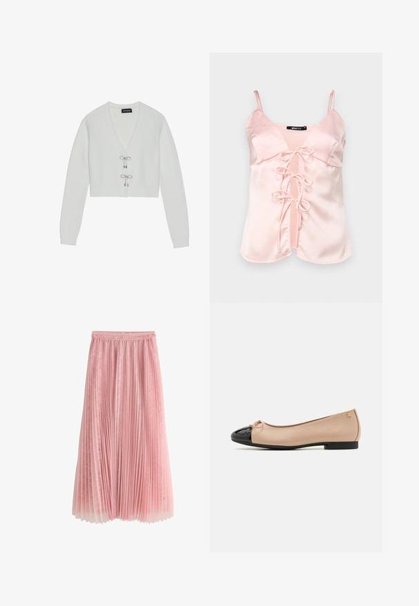 Even&Odd by Zalando Gilet - 001 - white; Camisole en satin rose avec des bretelles spaghetti réglables, dotée d'une fermeture à nouer à l'avant avec des anses et d'un décolleté en V. Texture lisse et lignes épurées.; Jupe midi plissée rose avec une sous-couche en dentelle et une ceinture froncée, présentée sur un fond blanc.; Ballerines avec un dessus en satin beige, un embout en cuir verni noir, un petit nœud à l'avant et un petit talon noir.