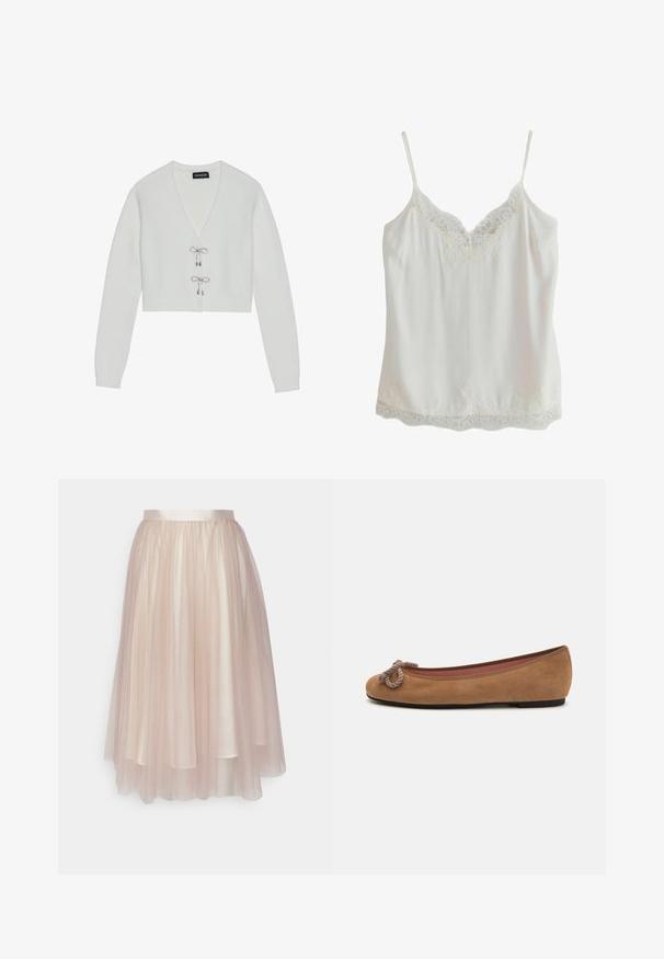 Even&Odd by Zalando Vest - 001 - white; Witte mouwloze top met dunne bandjes en kanten rand aan hals en zoom, gemaakt van gladde stof.; Ida Sjöstedt FLAWLESS SKIRT - A-lijn rok - warm beige; Bruine suède ballerina's met een ronde neus, voorzien van een decoratieve touwknopen aan de voorkant en een vlakke zool.