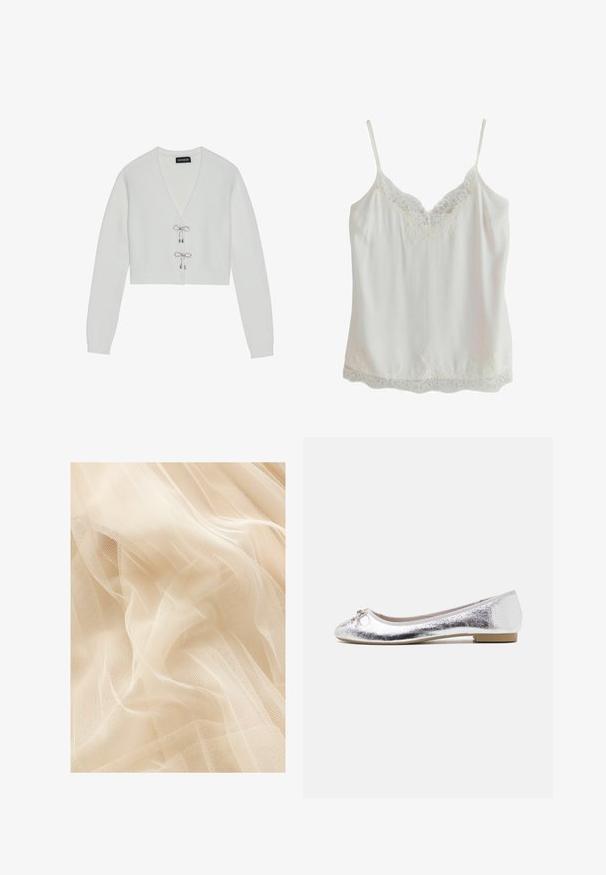 Even&Odd by Zalando Gilet - 001 - white; Camisole blanche sans manches avec fines bretelles et bordure en dentelle au niveau de l'encolure et de l'ourlet, fabriquée en tissu lisse.; Tissu en tulle beige clair avec une texture douce et transparente, présentant un tissage en maille fine qui crée de douces vagues et plis.; Ballerines argentées avec une finition métallique, bout arrondi, accent de nœud à l'avant et un petit talon pour plus de confort.