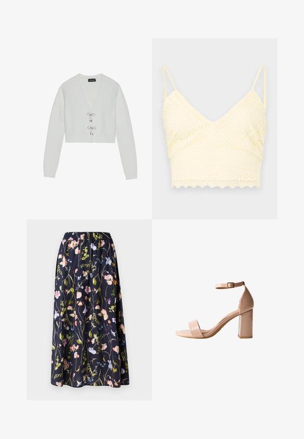 Even&Odd Neuletakki - 001 - white; Keltainen pitsinen bralette, jossa on V-muotoinen muotoilu, säädettävät hihnat, teksturoitu kuviointi ja aaltoileva helma.; Merenneitoisella kukkakuviolla varustettu tummansininen hame, jossa on joustava vyötärö. Hameessa on erikoisrakenteinen kangas, jossa on vaaleanpunaisia, sinisiä ja vihreitä kukkia.; Nude patento nahkakengät, joissa on neliskulmainen avonainen varvas, nilkkahihna soljella ja tukevat paksut korot vakauden takaamiseksi.