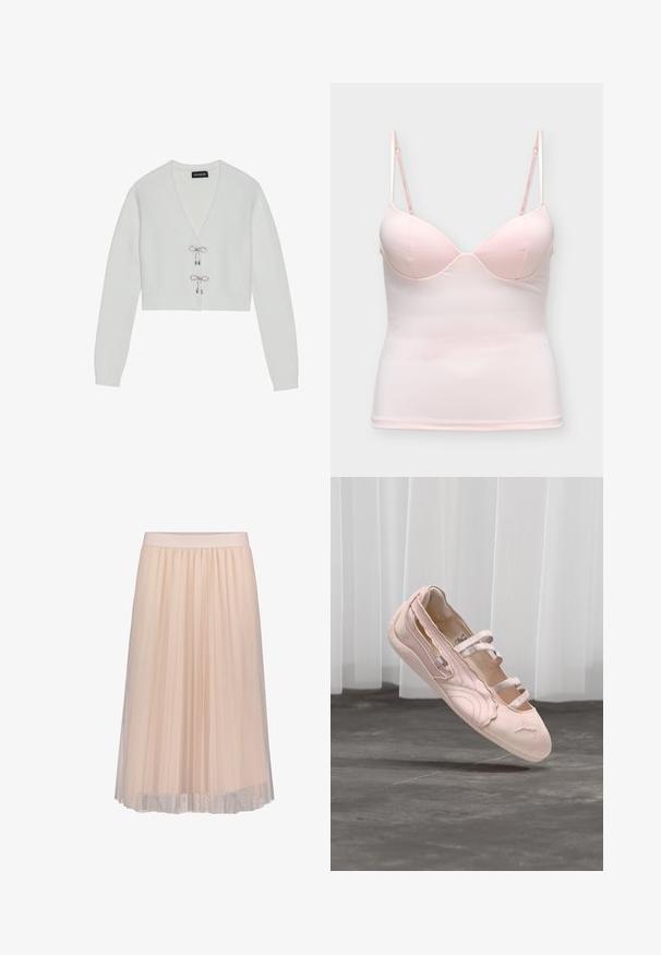 Even&Odd by Zalando Gilet - 001 - white; Camisole ajustée rose clair avec bonnets à armatures intégrés et bretelles spaghetti réglables sur un fond uni.; Jupe midi plissée rose douce avec une couche extérieure transparente et une ceinture solide, conçue pour un port léger et fluide.; Ballerine rose pâle avec trois brides élastiques, bord festonné et semelle en caoutchouc, suspendue au-dessus d'un sol en béton avec des rideaux blancs en arrière-plan.