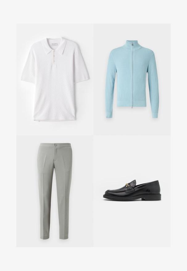 Lichtblauwe geribbelde trui met een hoge kraag en een voorste rits. Voorzien van lange mouwen en een strakke pasvorm bij de manchetten en zoom.; Witte polo shirt met een geweven ribstof, een kraag en drie kleine knopen aan de voorkant. Korte mouwen en een rechte zoom.; Grijze op maat gemaakte broek met een gladde textuur, voorzien van een knoopsluiting aan de voorkant, twee voorkourgaten en taps toelopende benen.; Zwarte leren instappers met een ronde neus, voorzien van een gouden hardware accent en stikdetails, geplaatst op een lage, getextureerde rubberen zool.
