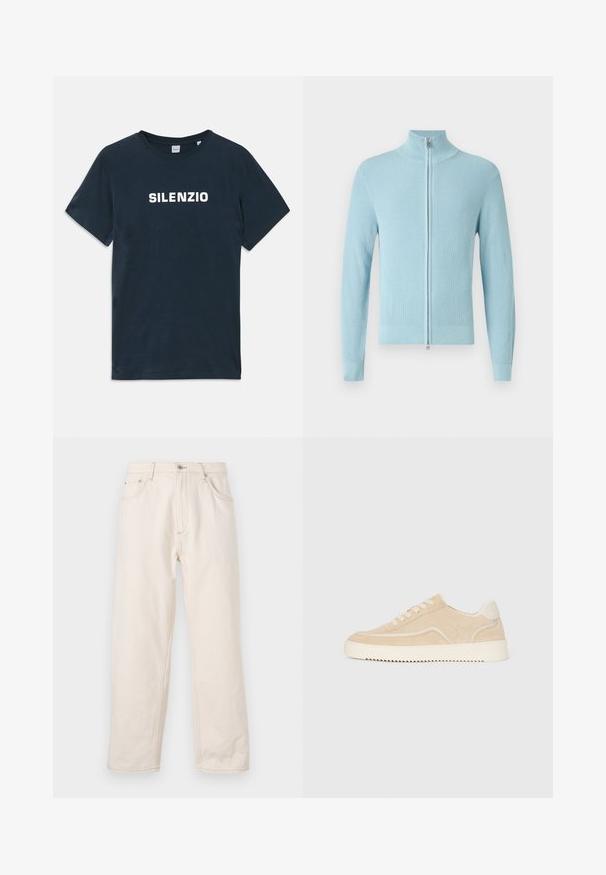 Lichtblauwe geribbelde trui met een hoge kraag en een voorste rits. Voorzien van lange mouwen en een strakke pasvorm bij de manchetten en zoom.; Navyblauwe katoenen T-shirt met korte mouwen en een ronde hals. Voorzien van "SILENZIO" in vetgedrukte witte tekst over de borst.; Beige rechte jeans gemaakt van denim, met een knoopsluiting, vijf zakken en zichtbare stikseldetails. Gladde textuur.; Beige suède sneaker met witte zool en veters, low-top ontwerp en zigzagprofiel op de zool.