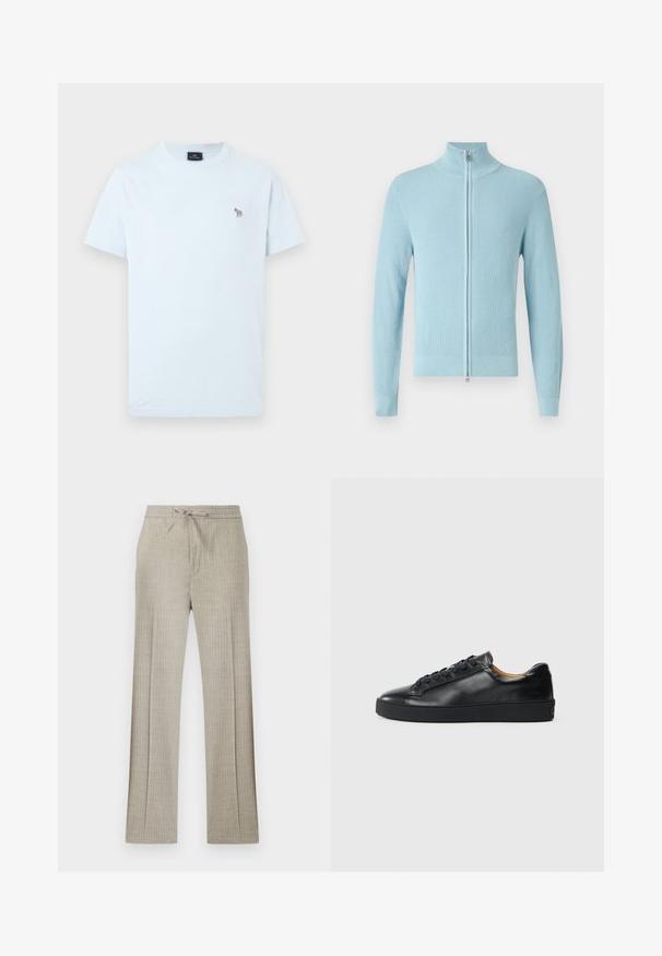 Pull côtelé bleu clair avec un col montant et une fermeture éclair à l'avant. Il présente des manches longues et une coupe ajustée aux poignets et à l'ourlet.; T-shirt blanc à manches courtes avec col rond, petit logo zèbre multicolore brodé sur le côté gauche de la poitrine.; Pantalon beige en mélange de lin avec fines rayures blanches discrètes, taille à cordon et jambes droites.; Baskets en cuir noir avec une texture lisse, bout rond et fermeture à lacets. Comprend une semelle en caoutchouc épaisse et un minimum de détails de marque.