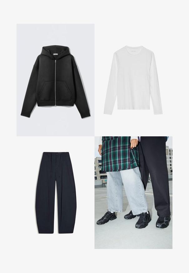 Sweat à capuche noir zippé en tissu doux, avec une poche avant, une capuche et des poignets côtelés. Design minimaliste sans motifs visibles.; T-shirt blanc à manches longues en coton doux, avec un col rond et une texture lisse sans motifs ni accents visibles.; Pantalon noir à taille haute, jambes larges, avec plis sur le devant, poches latérales, fermeture par boutons et cordons de serrage à la taille.; Baskets de sport noires avec des accents en mesh et en caoutchouc. Portées avec un jean large gris clair et un haut à carreaux vert. Fond à surface plane.