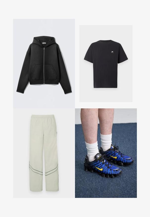 Sort lynlåstrøje i blødt stof med frontlomme, hætte og ribbede manchetter. Minimalistisk design uden synlige mønstre.; Sort Nike Air T-shirt med korte ærmer, rund halsudskæring og lille hvidt logo på venstre bryst.; Lysegrønne løstsiddende bukser med elastik i taljen, prydet med mørkegrønne diagonale striber og et enkelt design. Glat, letvægtsstof.; Blå og sorte sportssko har et mesh-design, gule accenter og en segmenteret sål. Bæres med hvide ankelstrømper.