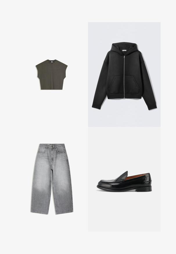 Zwarte hoodie met ritssluiting, gemaakt van zacht stof, met een zak aan de voorkant, capuchon en geribbelde manchetten. Minimalistisch design zonder zichtbare patronen.; Olivengroene oversized mouwloze top met een ronde halslijn en brede armopeningen, plat gelegd op een witte achtergrond.; Grijze denim jeans met hoge taille en wijde pijpen, voorzakken en knoopsluiting, plat weergegeven op een witte achtergrond.; Zwarte gepolijste leren instap loafer met lage hak en gestikte details langs de neus en zijkanten, zijaanzicht.