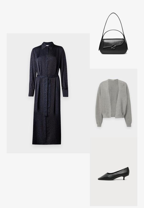 Cárdigan gris hecho de tela de punto suave, diseño de frente abierto, hombros caídos y puños acanalados para un ajuste relajado.; Vestido de estampado de leopardo en azul oscuro y negro, con cuello, mangas largas, cierre de botones y un cinturón de tela a juego en la cintura.; Zapato de mujer negro de cuero con tacón bajo, puntera puntiaguda y pequeño tacón kitten sobre fondo claro liso.; Bolso de hombro de cuero negro con una solapa curva asegurada por un broche metálico redondo y una correa delgada y ajustable.