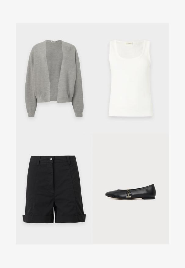 Cardigan gris en tissu tricoté doux, design à l'avant ouvert, épaules tombantes et poignets côtelés pour une coupe décontractée.; Débardeur blanc sans manches en tissu côtelé avec encolure dégagée et petite étiquette tissée à l'arrière du col.; Shorts noirs taille haute avec fermeture à boutons et zip à l'avant, passants de ceinture, coutures latérales et revers roulés.; Chaussure plate en cuir noir avec bout arrondi et petit détail de boucle dorée sur le côté, présentée sur un fond clair uni.