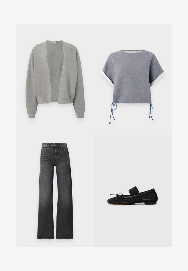 Grå cardigan lavet af blødt strikket stof, åben front, sænkede skuldre og ribbede manchetter for en afslappet pasform.; Grå T-shirt med korte ærmer og rund halsudskæring med hvid kant ved ærmerne og blå snore i kanten, vist på hvid baggrund.; Sorte denim jeans med høj talje og bred ben-design. Har fem lommer og en subtil falmet tekstur med kontrastfarvet syninger.; Sort flad sko med spids tå, lavet af tekstureret stof, med en sløjfeaccent og en lille, rund hæl. Elastisk rem ved anklen.