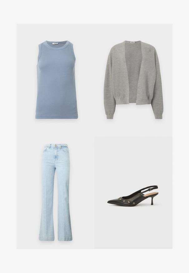 Cardigan gris en tissu tricoté doux, design à l'avant ouvert, épaules tombantes et poignets côtelés pour une coupe décontractée.; Haut bleu sans manches avec une texture côtelée, un col rond et une coupe ajustée. Le tissu semble lisse et léger.; Jean évasé bleu clair en denim. Doté d'une taille haute, d'une fermeture éclair et de deux poches avant. Décoloration subtile sur le tissu, ourlet propre.; Escarpin à bride arrière en cuir noir avec bout pointu, petit talon et accents métalliques décoratifs le long de l'ouverture avant. Texture lisse.