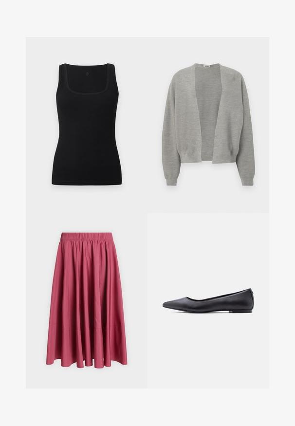 Cardigan gris en tissu tricoté doux, design à l'avant ouvert, épaules tombantes et poignets côtelés pour une coupe décontractée.; Débardeur noir moulant en tissu lisse, doté d'un décolleté carré et de larges bretelles ; sans motifs ni accents visibles.; Jupe midi taille haute rose profond avec des détails froncés et un ourlet à volants sur un fond uni.; Chaussure plate en cuir noire à bout pointu avec petit talon, vue de profil sur fond blanc.