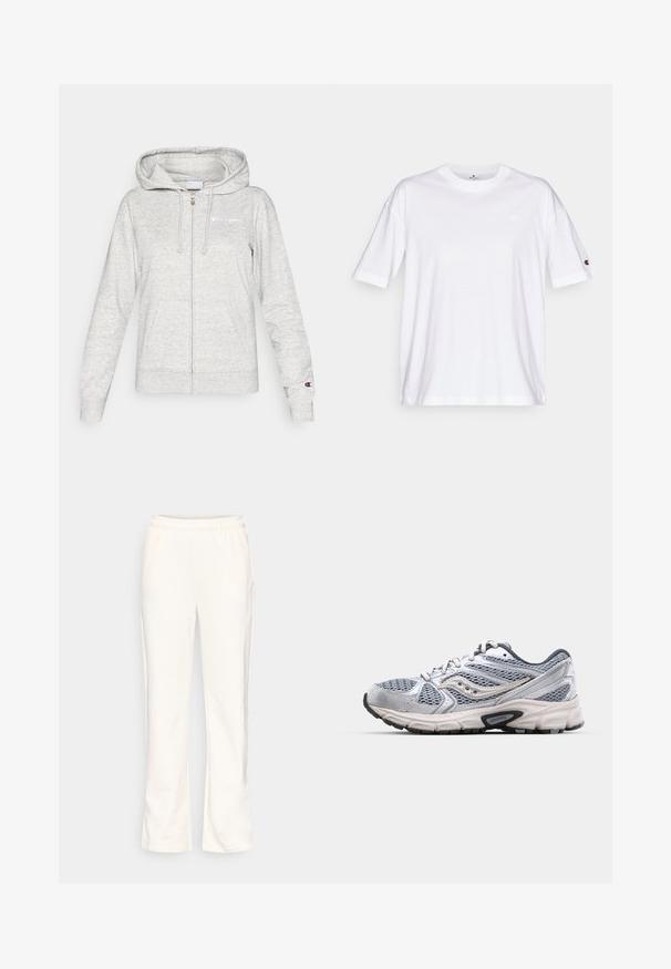 Sudadera con capucha gris claro con cremallera, bolsillos frontales, capucha con cordón y pequeños logos de Champion en el pecho y en el puño de la manga izquierda.; Camiseta de algodón blanca con cuello redondo, mangas cortas y un pequeño logo en el lado izquierdo del pecho. Textura suave, ajuste estándar.; Pantalones deportivos color crema con cintura elástica, diseño de pierna recta, textura suave y bolsillos laterales. Sin patrones ni detalles visibles.; Zapatilla de correr plateada con parte superior de malla, suela acolchada y detalles en gris. Presenta una punta redondeada y un diseño con cordones. Logo de la marca visible.