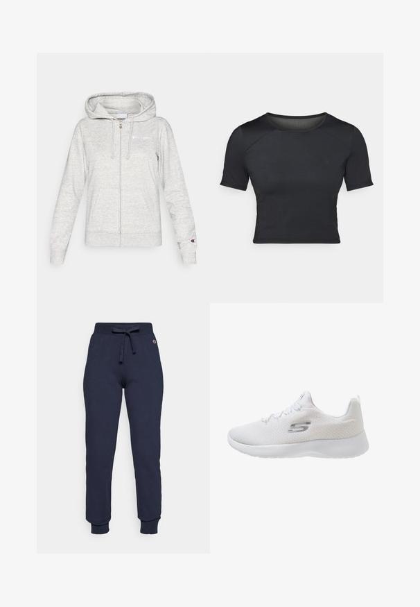 Sudadera con capucha gris claro con cremallera, bolsillos frontales, capucha con cordón y pequeños logos de Champion en el pecho y en el puño de la manga izquierda.; Top corto negro de manga corta, hecho de una tela suave y elástica, con escote redondo y sutiles detalles de costura en los hombros.; Pantalones de chándal azul marino hechos de una mezcla de algodón, con una cintura ajustable con cordón, puños acanalados y un pequeño logo en la cadera.; Skechers DYNAMIGHT 2.0 - Zapatillas - white