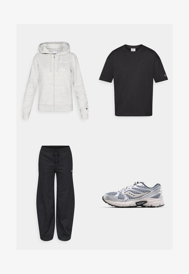 Sweat à capuche zippé gris clair avec poches frontales, capuche à cordon de serrage et petits logos Champion sur la poitrine et le poignet de la manche gauche.; T-shirt en coton noir avec un col rond, des manches courtes et un petit logo brodé sur la poitrine et la manche. Texture lisse, coupe décontractée.; Pantalon de survêtement noir en mélange de coton, avec une taille élastique et un cordon de serrage, jambes larges et poches latérales. Petit détail de logo inclus.; Bottine de course argentée avec tige en mesh, semelle rembourrée et accents gris. Dotée d'un bout arrondi et d'un design à lacets. Logo de la marque visible.