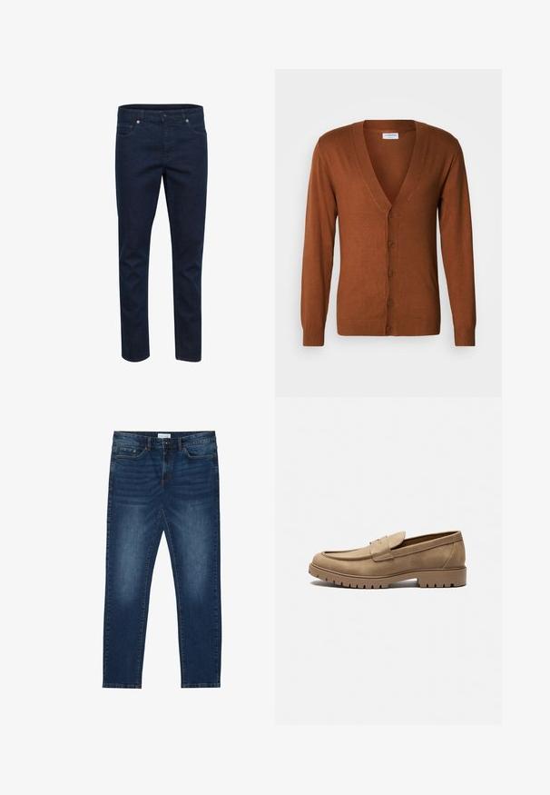 Brun cardigan med V-udskæring, ribstrikkede manchetter og knaplukning foran. Fremstillet af et blødt materiale, med en glat tekstur og et tætsiddende design.; Mørkeblå denimjeans med slim fit, fem lommer og knaplukning, vist mod en hvid baggrund.; Mørkeblå slim-fit jeans med falmede detaljer, klassisk fem-lomme design, knappelukning og bæltestropper.; Tan mockasiner i ruskind med rund tå, flad gummisål og dekorative syninger på overdelen. Har et slip-on design uden snørebånd.