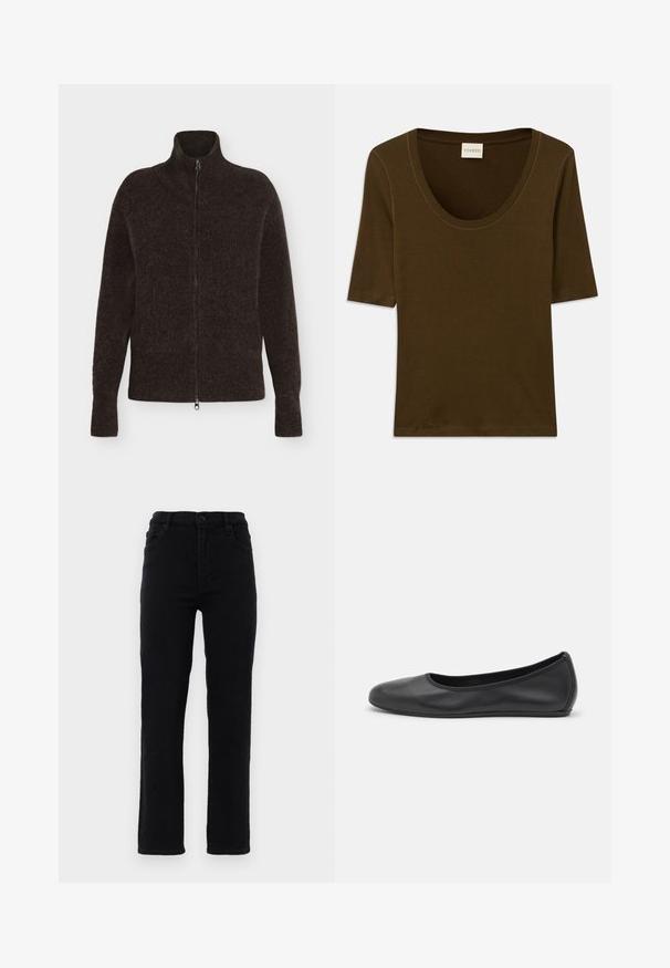 Pull marron foncé duveteux à fermeture éclair intégrale avec manches longues et col haut sur un fond clair uni.; Chemise marron à manches courtes en tissu doux, avec un col arrondi et un design simple et épuré. Aucun motif ni détail supplémentaire.; Jeans en denim noir avec des jambes droites, une taille mi-haute et cinq poches. Comprend une fermeture à bouton à l'avant et des passants de ceinture.; Ballerines en cuir noir avec un bout rond, texture lisse, détails de couture minimalistes et design de semelle flexible.