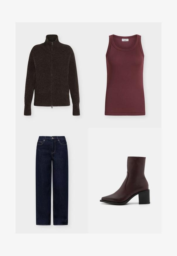 Pull marron foncé duveteux à fermeture éclair intégrale avec manches longues et col haut sur un fond clair uni.; Débardeur côtelé sans manches de couleur bordeaux foncé, avec un col rond et une étiquette "Marc O’Polo Denim" à l'intérieur du col.; Jean denim bleu foncé droit avec bouton à l'avant et poches sur un fond clair uni.; Zign by Zalando LEATHER - Bottines - bordeaux