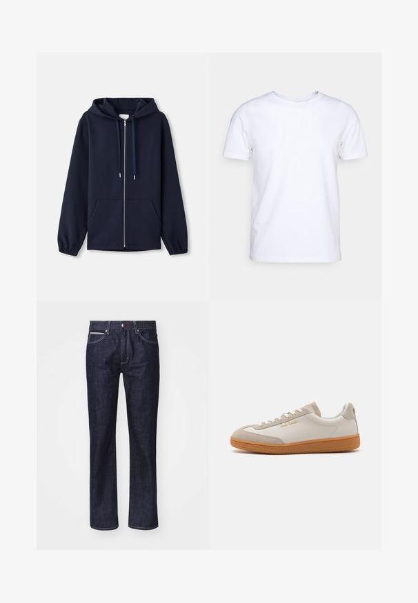 Navy zip-up hoodie gemaakt van zachte stof, met een trekkoordcapuchon, voorzakken en elastische manchetten. Eenvoudig en functioneel ontwerp.; Witte katoenen t-shirt met korte mouwen en een ronde hals. Eenvoudig ontwerp zonder patronen of accenten. Glad textuur.; Donkerblauwe denim jeans met een rechte snit, subtiele contrasterende stiksels, vijf zakken en een knoopsluiting bij de taille.; Witte en beige lage sneakers met een gumrubberen zool, witte veters, suède details en een gouden "Paul Smith" logo aan de zijkant.