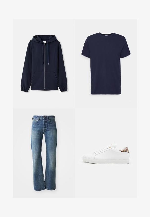 Navy zip-up hoodie gemaakt van zachte stof, met een trekkoordcapuchon, voorzakken en elastische manchetten. Eenvoudig en functioneel ontwerp.; Navyblauwe T-shirt met korte mouwen van zachte stof. Heeft een ronde hals en een rechte snit zonder patronen of accenten.; Denim jeans in een licht tot gemiddeld blauwe kleur, met een recht gesneden pijp, klassiek vijf-pocket ontwerp en subtiele vervaging aan de voorkant.; Witte leren sneaker met een gladde afwerking, voorzien van een kleurrijke gestreepte accent op de hiel, gouden oogjes en een vlakke witte zool.