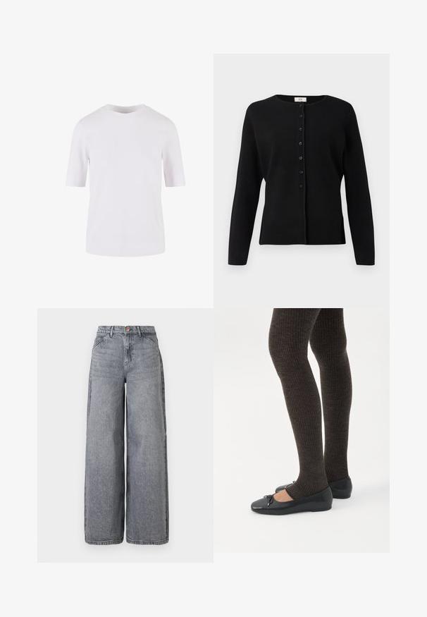 Zwarte lange mouw knopenkaart met ronde halslijn, zeven knopen aan de voorkant en een rechte zoom.; Witte T-shirt met korte mouwen, gemaakt van gladde katoen. Voorzien van een ronde halslijn en een rechte snit, zonder patronen of versieringen.; Wijde denim jeans in een vervaagde grijze was, met vijf zakken, een knoopsluiting en een zachte textuur met subtiele whiskerdetails.; Benen met donkere geribbelde leggings gecombineerd met zwarte ballerina's met kleine strikdetails op een witte achtergrond.