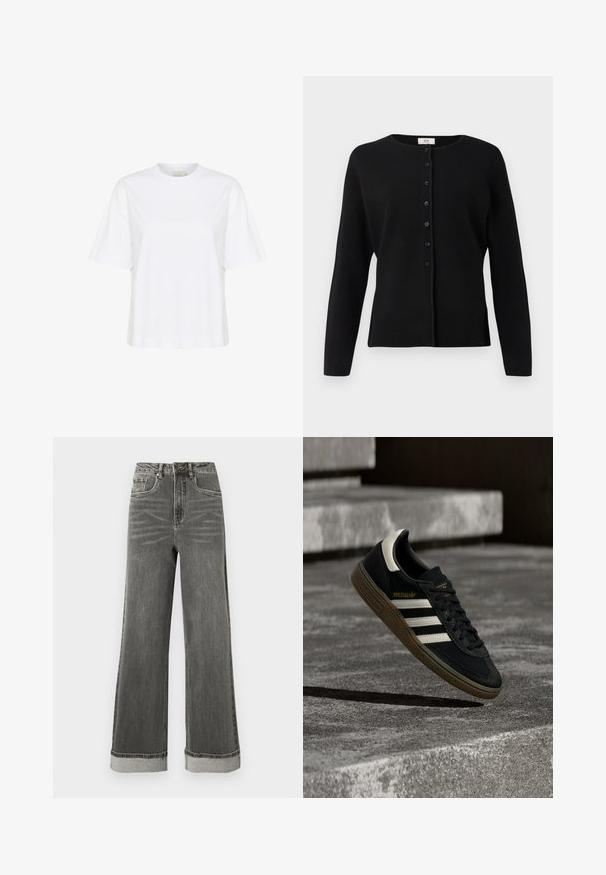 Cardigan noir à manches longues, avec un col rond, sept boutons sur le devant et un ourlet droit.; T-shirt en coton blanc avec un col rond, des manches courtes et une coupe décontractée. Présente des coutures latérales et un ourlet droit. Design simple et épuré.; Jean denim gris à jambes larges avec une taille haute, cinq poches et des ourlets retroussés. Le tissu présente une texture légèrement usée avec des coutures visibles.; Baskets Adidas noires avec des bandes blanches et une semelle en gomme flottant au-dessus d'escaliers en béton gris sous une lumière naturelle.