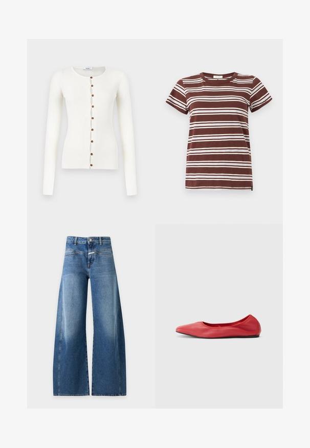 Cardigan blanc à manches longues côtelé avec encolure ronde et huit boutons marron sur le devant.; T-shirt marron à rayures avec des rayures blanches horizontales, manches courtes et col rond classique en coton doux.; Jean bleu à jambes larges, taille haute, fermeture à bouton et à zip, passants de ceinture et détails délavés à l'avant.; Filippa K REY FLATS - Ballerines - bright red