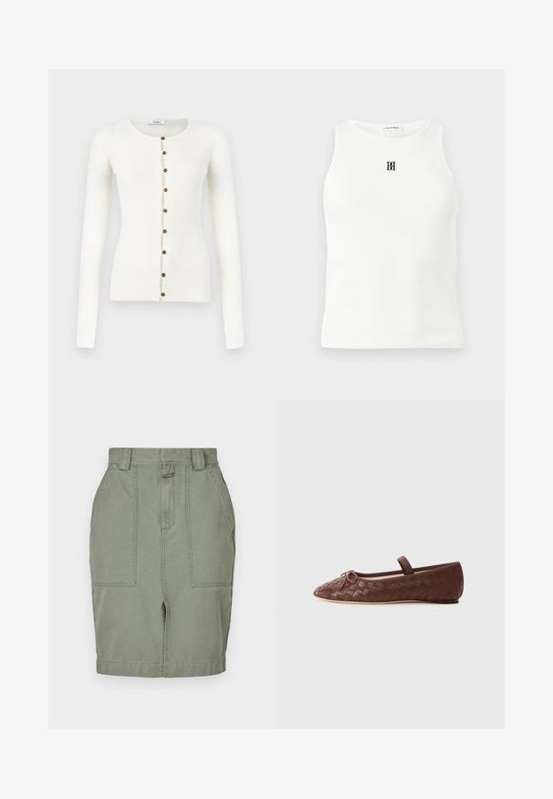 Weißer, gerippter Langarm-Cardigan mit rundem Ausschnitt und acht braunen Knöpfen vorne.; Weißes, geripptes ärmelloses Tanktop mit rundem Ausschnitt und kleinem, schwarzem, gesticktem Logo in der Mitte der Brust.; Khakifarbener Baumwollrock mit geradem Schnitt, zwei Vordertaschen, einem Reißverschluss und Gürtelschlaufen. Glatte Textur mit einem dezenten Glanz.; Braune gewobene Leder-Ballerinas mit runder Zehe, kleiner Schleifenakzent und elastischem Riemen über dem Knöchel für einen sicheren Sitz.