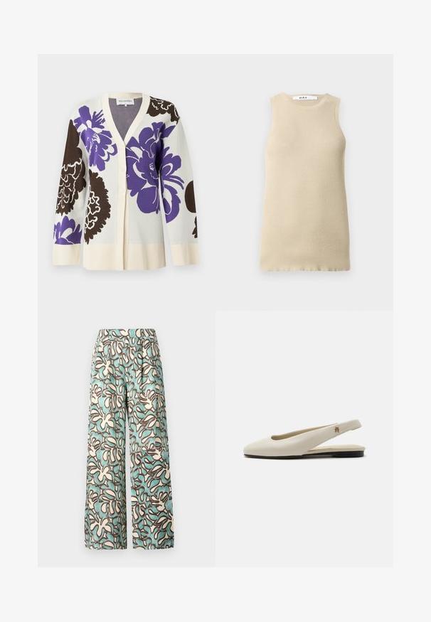 Marimekko LUMOAVA PIONI - Kardigan - light beige/brown/violet; Beige soonikuta silmadega topp, ümmarguse kaelusega, millel on tihe istuvus ja sile tekstuur, ideaalne kihtidena kandmiseks või sooja ilma jaoks.; Kerge kangast laiad püksid, millel on kreemjas taust ja teal- ja pruuni abstraktse mustriga. Üksikasjade maailmas pole nähtavat metallist osa, vaid lapik vöö.; Kreemikas nahast slingback-tasapinnaline king, millel on ümar ninaosa ja väike kuldne embleem rihmal.