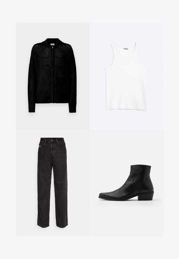 Denim Project DPMDPKNITTED BOMBER CARDIGAN - Strickjacke - black; Weißes ärmelloses Tanktop mit rundem Ausschnitt und Weekday-Markenetikett auf der Innenseite des hinteren Kragens, flach auf hellem Hintergrund dargestellt.; Schwarze Jeans-Breitbeine mit hoher Taille, vorderem Knopfverschluss, zwei seitlichen Taschen und dezenten Steppdetails.; Schwarze Leder-Ankle-Boots mit spitzer Zehenpartie, minimalen Nähdetails, einem mittelhohen Blockabsatz und einer glatten, polierten Oberfläche.
