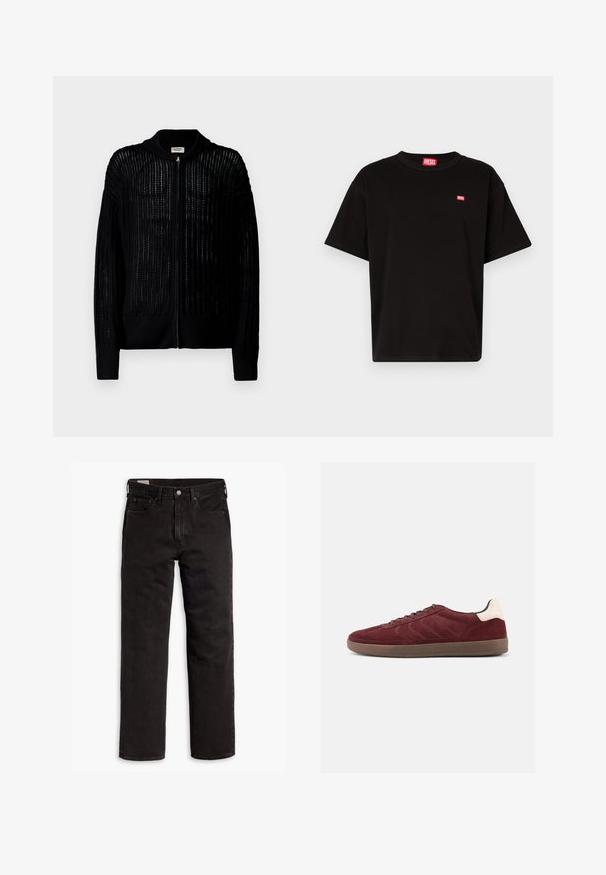 Denim Project DPMDPKNITTED BOMBER CARDIGAN - Vest - black; Zwarte katoenen t-shirt met ronde hals, korte mouwen en een klein rood Diesel-logo op de borst. Rechte zoom, minimalistisch ontwerp.; Zwarte recht gesneden denim jeans met vijf zakken, knoopsluiting en riemlussen, plat gelegd op een witte achtergrond.; Bordeauxrode suède sneaker met veterband aan de voorkant, gestructureerde zijdetails en een lichtgekleurde hielaccent. Rubberzool met een gladde afwerking.