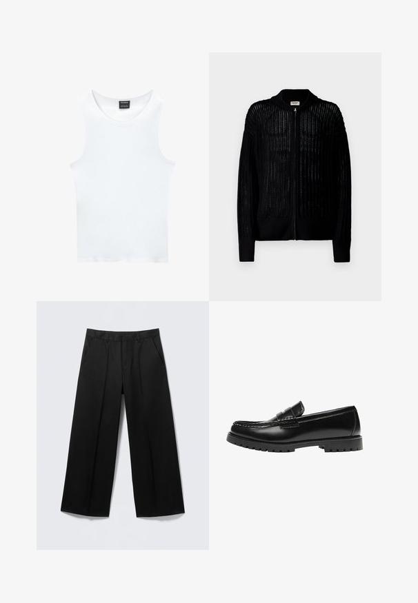 Denim Project DPMDPKNITTED BOMBER CARDIGAN - Cardigan - black; Hvid ærmeløs tanktop lavet af ribbet bomuld. Har en rund halsudskæring og en glat tekstur. Etiketten siger "PULL&BEAR."; Sorte vidde-bukser med bæltestropper, forlommer og lynlås foran, vist på en lysegrå baggrund.; Sort læderloafer med en kraftig gummisål og klassiske penny-strap detaljer, vist fra ydersiden.