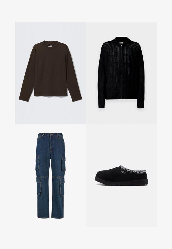 Denim Project DPMDPKNITTED BOMBER CARDIGAN - Cardigan - black; Mørkebrun langærmet trøje med rund hals og lige kant, lagt fladt på en lysegrå baggrund.; Mørkeblå denim cargo bukser med flere sidelommer, lige ben-design og kontrasterende syninger. Holdbart stof med en klassisk pasform.; Sorte ruskindssko med rund tå, der har en strikkrave og en tekstureret gummisål. Viser UGG-branding på siden.