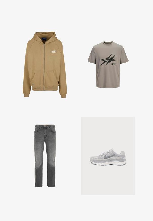 Tan zip-up hoodie lavet af blødt stof, med en frontlomme, ribbede manchetter og mærket "PEQUS" trykt i hvidt på brystet.; Grå kortærmet t-shirt lavet af glat stof, med et sort grafisk design og logoet "CNZ" på forsiden. Rundet halsudskæring.; Grå denim jeans med lige pasform, fem-lomme design og en subtil slidt finish. Har en knap- og lynlås lukning.; Lysegrå Nike løbesko med mesh- og ruskindspaneler, tyk hvid sål og Swoosh-logo på siden, vist i profil på en ensfarvet baggrund.