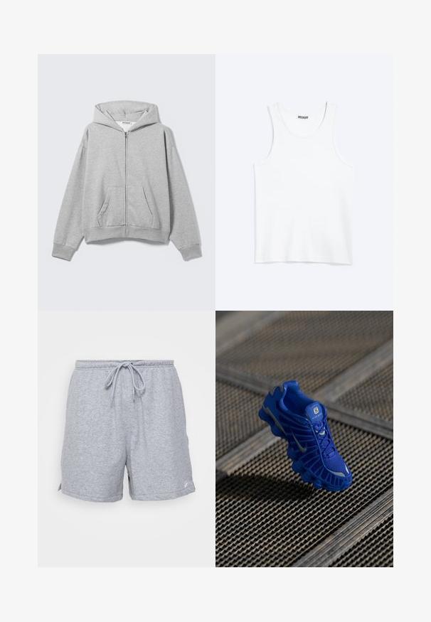 Sudadera con capucha gris claro con cremallera, bolsillos delanteros, mangas largas y capucha, colocada plana sobre un fondo claro.; Camiseta sin mangas blanca con cuello redondo y etiqueta de la marca Weekday en el interior del cuello trasero, mostrada plana sobre un fondo claro.; Pantalones cortos deportivos de algodón gris con cintura ajustable con cordón, bolsillos laterales y un pequeño logotipo en el dobladillo inferior.; Zapatilla deportiva azul con parte superior de malla, diseño texturizado y suela prominente que presenta elementos de amortiguación distintos y acentos reflectantes.