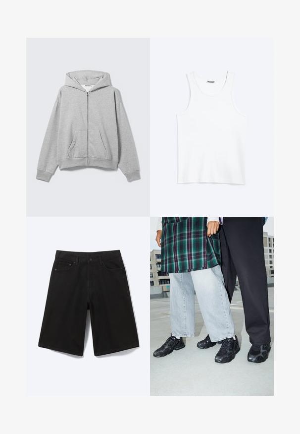 Hellgrauer Kapuzenpullover mit Reißverschluss, Fronttaschen, langen Ärmeln und Kapuze, flach auf einem hellen Hintergrund liegend.; Weißes ärmelloses Tanktop mit rundem Ausschnitt und Weekday-Markenetikett auf der Innenseite des hinteren Kragens, flach auf hellem Hintergrund dargestellt.; Schwarze knielange Jeansshorts mit Frontknopf, Gürtelschlaufen und fünf Taschen, dargestellt vor weißem Hintergrund.; Schwarze Sportschuhe mit Mesh- und Gummielementen. Kombiniert mit hellgrauen weiten Jeans und einem karierten grünen Oberteil. Flacher Hintergrund.